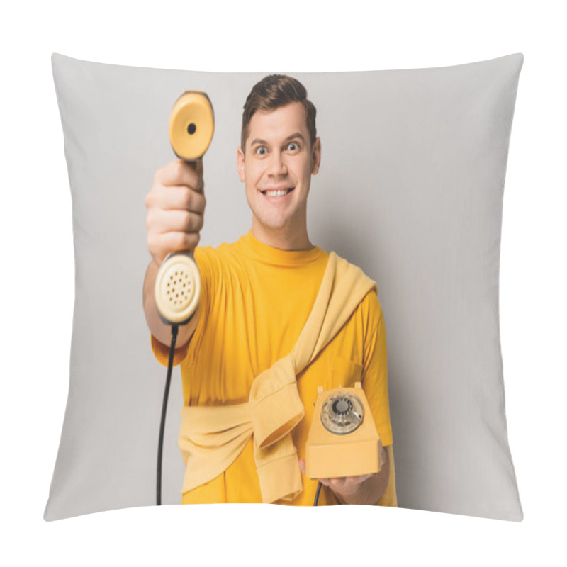 Personality  Cheerful Man Holding Telephone Handset On Blurred Foreground On Grey Background Pillow Covers