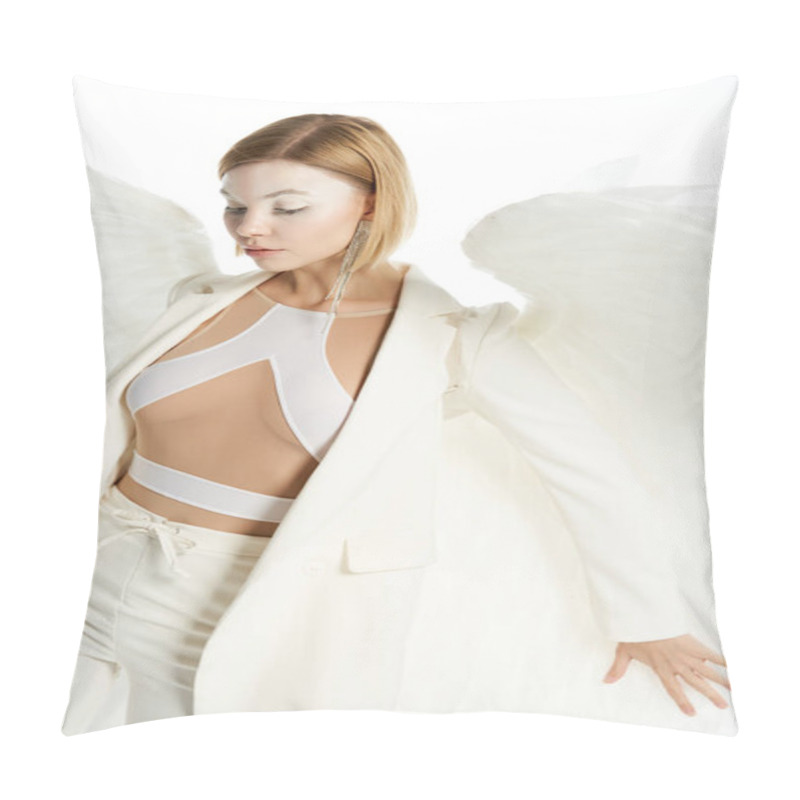 Personality  Charming Woman With Angelic Face And Wings Standing On White Backdrop, Ethereal Beauty Pillow Covers