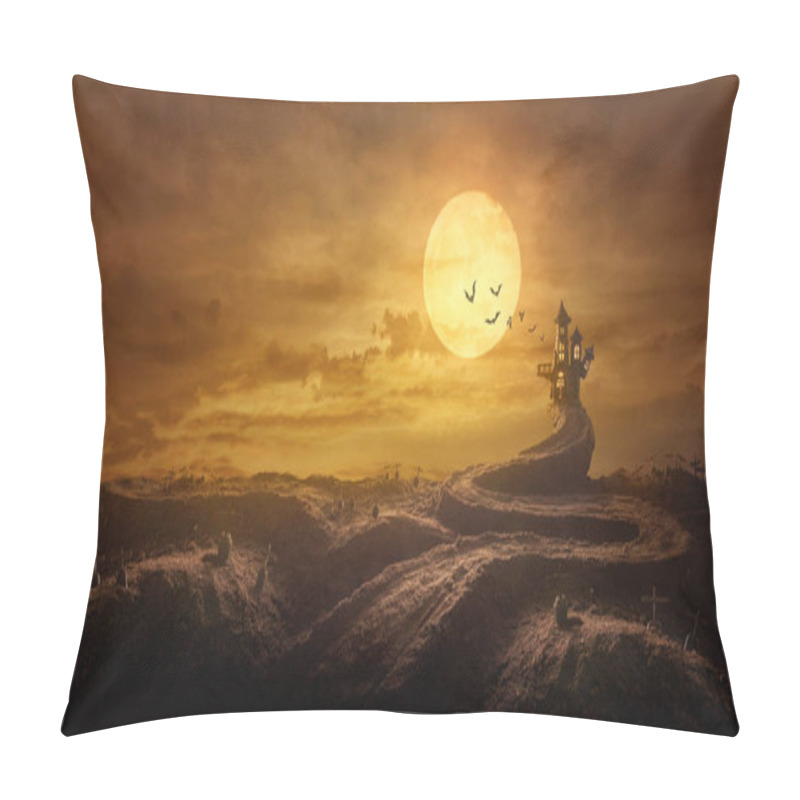 Personality  Halloween Background Through Stretched Road Grave To Castle Spooky In Night Of Full Moon And Bats Flying. Pillow Covers