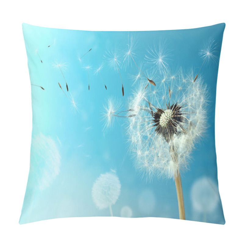 Personality  Beautiful Puffy Dandelion And Flying Seeds Against Blue Sky On Sunny Day  Pillow Covers