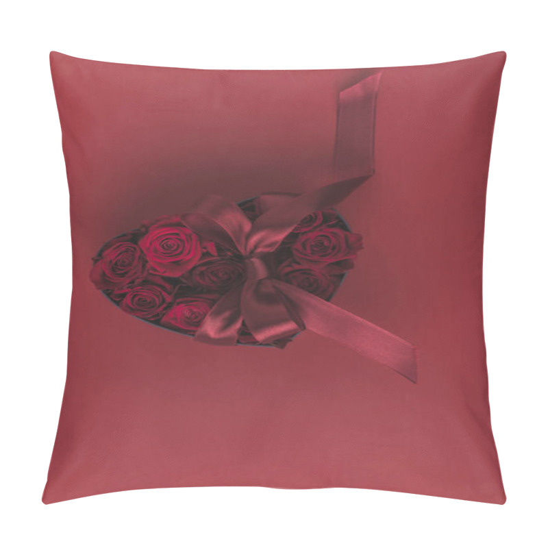 Personality  Top View Of Roses In Heart Shaped Gift Box With Ribbon Isolated On Red, St Valentines Day Holiday Concept Pillow Covers