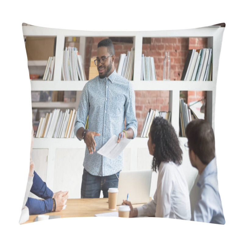 Personality  Diverse Businesspeople Gathered Together At Seminar In Modern Office Pillow Covers