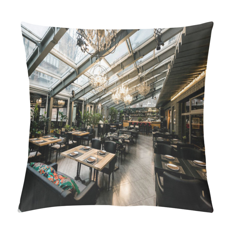 Personality  View Of Stylish Empty Cafe With Arranged Tables And Chairs For Visitors Pillow Covers