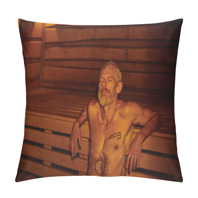 Personality  Tranquil, Relaxed And Shirtless Middle Aged Man With Tattoos Sitting In Sauna, Wellness Retreat Pillow Covers