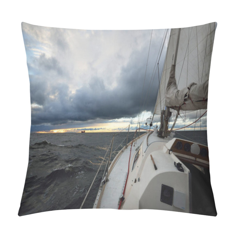 Personality  Yacht Sailing In An Open Sea On A Winter Day. Close-up View From The Deck To The Bow, Mast And Sails. Dramatic Stormy Sky, Dark Clouds. Epic Seascape. North Sea, Norway Pillow Covers