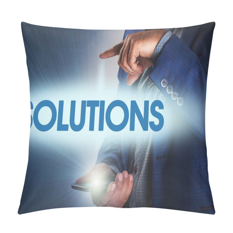 Personality  Businessman Presses Button Solutions On Virtual Screens. Busines Pillow Covers