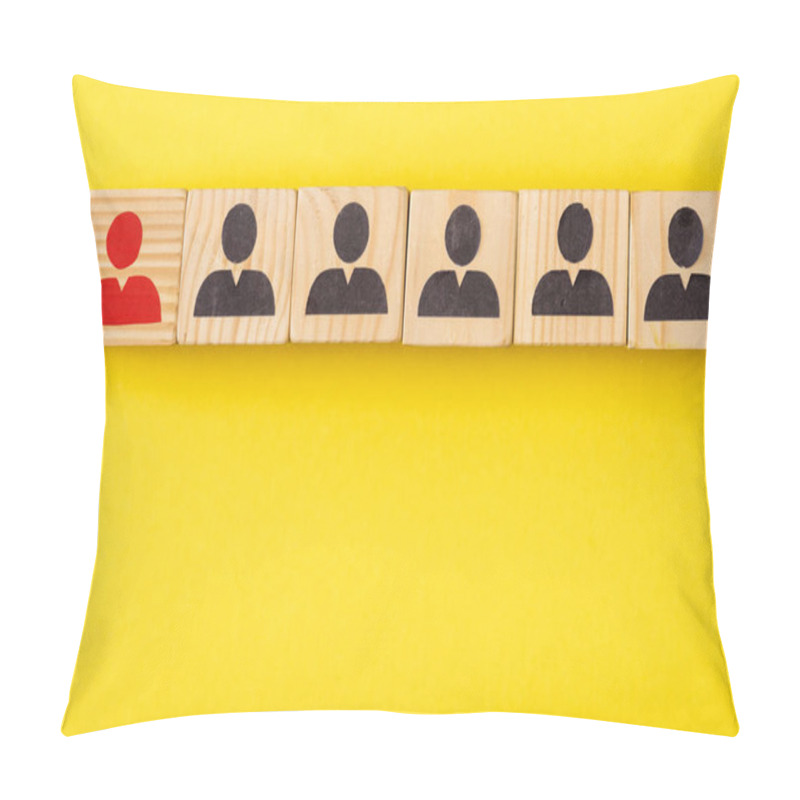 Personality  Top View Of Wooden Cubes With Unique Red Painted Man Among Another On Yellow Background Pillow Covers