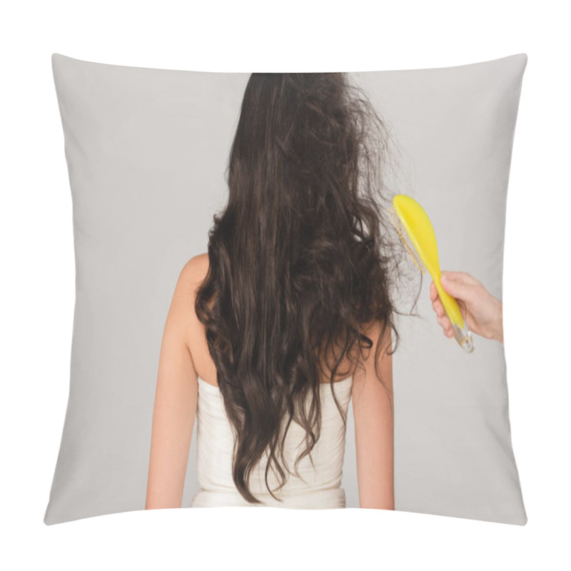 Personality  Back View Of Hairdresser Holding Hair Brush Near Brunette Woman With Tousled Hair Isolated On Grey Pillow Covers