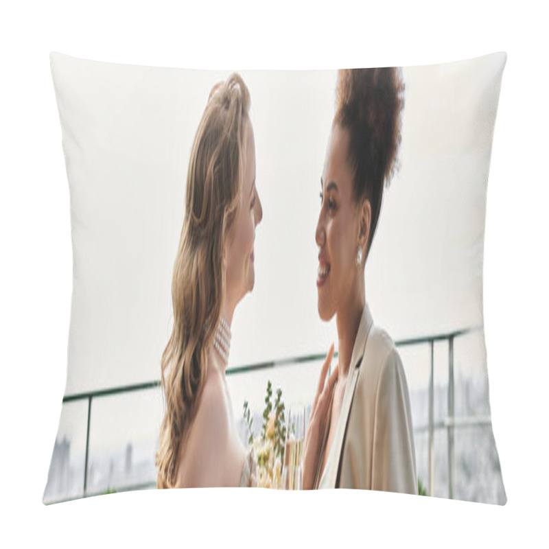 Personality  A Lesbian Couple Raises A Toast On Their Wedding Day, Overlooking The Cityscape. Pillow Covers