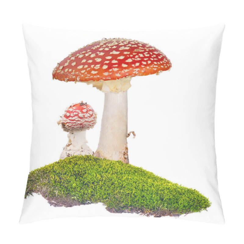 Personality  Two Red Fly Agarics In Green Moss On White Pillow Covers