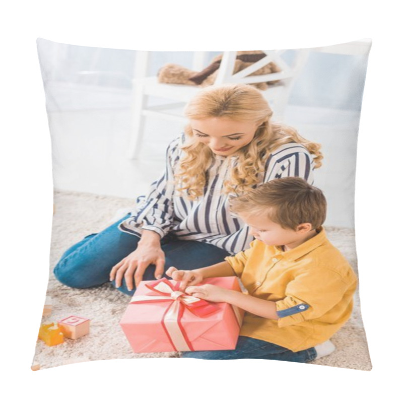 Personality  Little Boy Opening Wrapped Gift From Mother At Home Pillow Covers