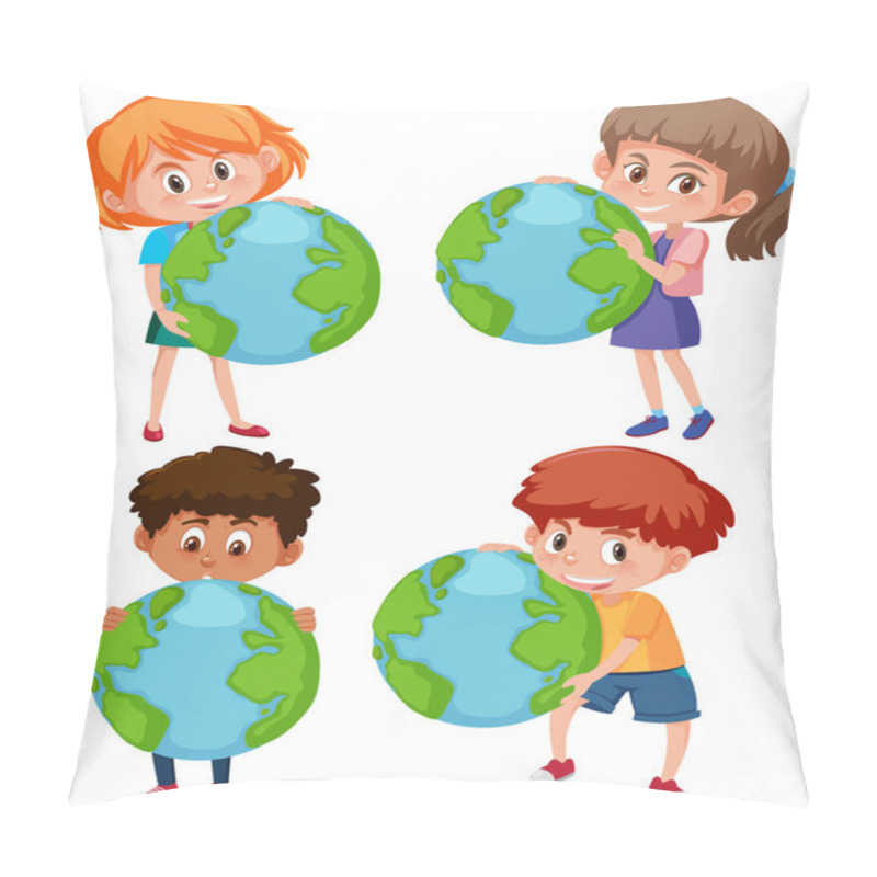 Personality  Boys And Girls Holding Earth On White Background Illustration Pillow Covers