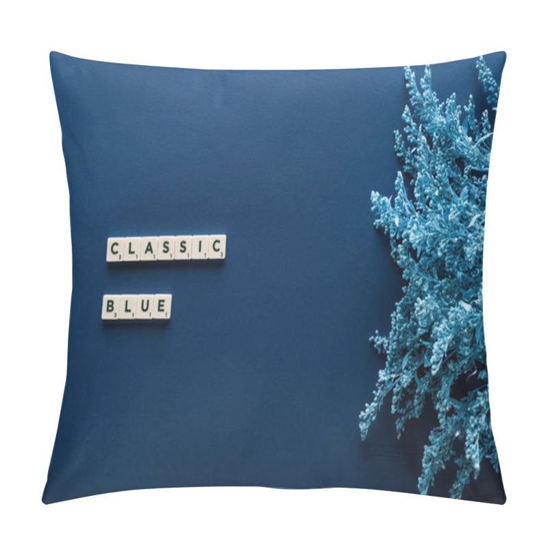 Personality  Top View Of Classic Blue Lettering On Cubes Near Painted Plant On Blue Background Pillow Covers