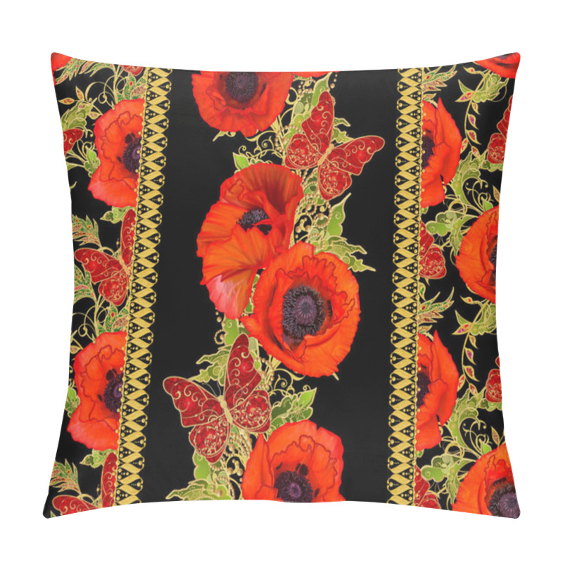 Personality  Seamless Pattern. Vertical Border. Golden Textured Curls. Brilliant Lace, Stylized Flowers, Red Poppies. Openwork Weaving Delicate, Golden Background, Paisley, Jeweler's Butterfly. Pillow Covers