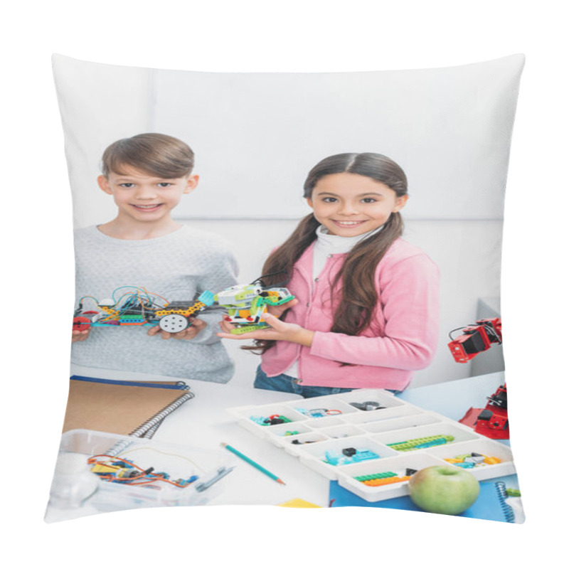 Personality  Happy Kids Looking At Camera And Presenting Robot Models At STEM Lesson Pillow Covers