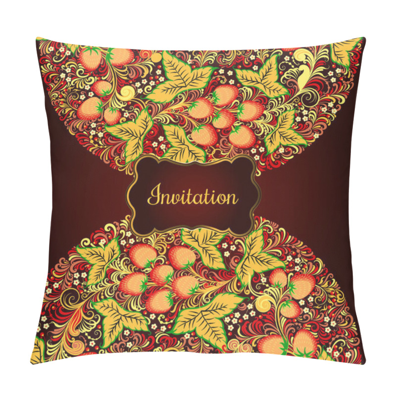 Personality  Decorative Card With Elements Of Traditional Russian National Painting In Khokhloma Style - Flowers, Berries And Leaves.Nice Detailed Decoration, Design Element, Vector Graphics. Pillow Covers