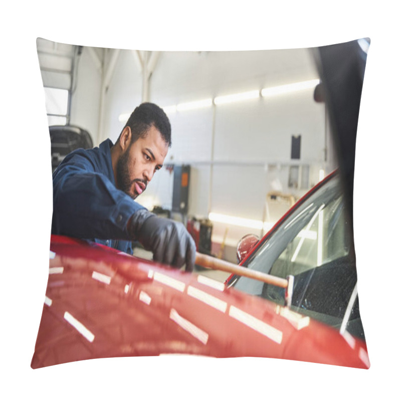 Personality  Young Man Meticulously Repairs A Red Car While Focused On His Task In A Garage Setting. Pillow Covers