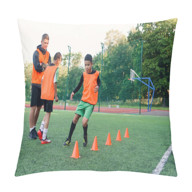 Personality  Motivated Teen Soccer Players Perform Run Exercises With Overcoming Obstacles Applying Racks On Artificial Soccer Field. Pillow Covers