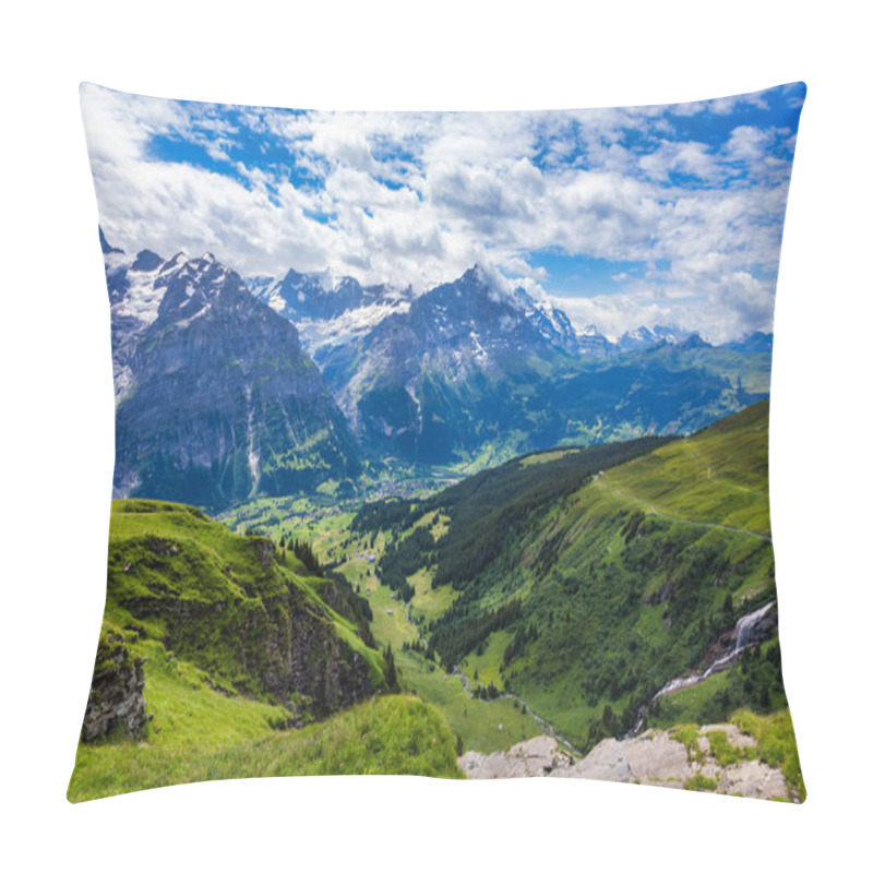 Personality  Grindelwald View And Summer Swiss Alps Mountains Panorama Landscape, Green Fields And High Peaks In Background, Switzerland, Bernese Oberland, Europe. Pillow Covers