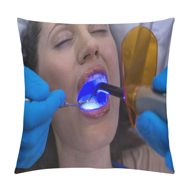 Personality  Dentists Examining Female Patient Pillow Covers