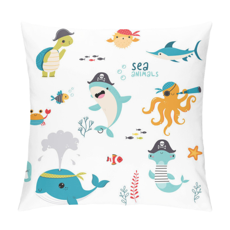 Personality  Cute Sea Animals In Pirate Hat And Bandana Floating Underwater Vector Set Pillow Covers