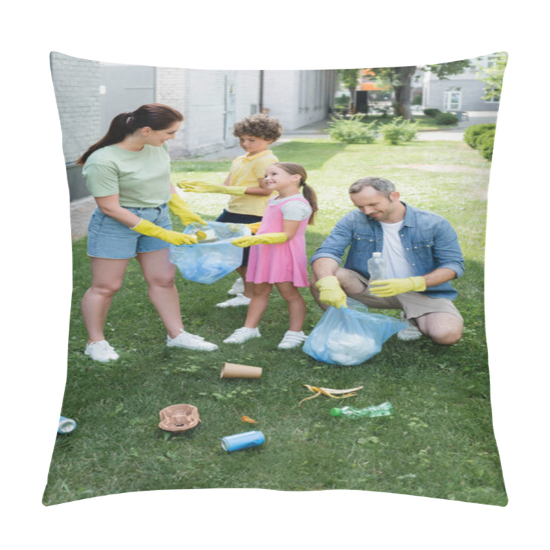 Personality  Positive Parents With Kids Collecting Trash On Lawn  Pillow Covers