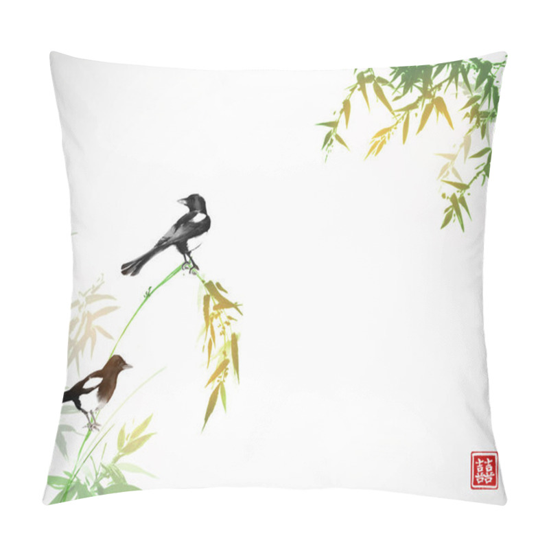 Personality  Traditional Japanese Style Banner With Magpies On Tree On White Background Pillow Covers