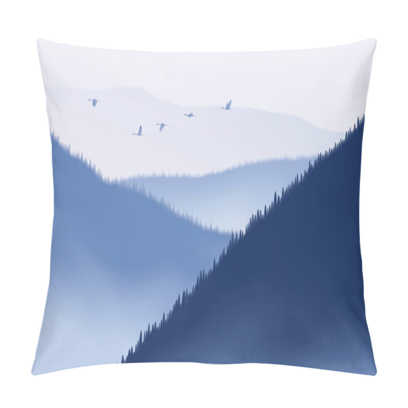 Personality  Flock Of Cranes Flying Above Wooded Mountains Pillow Covers