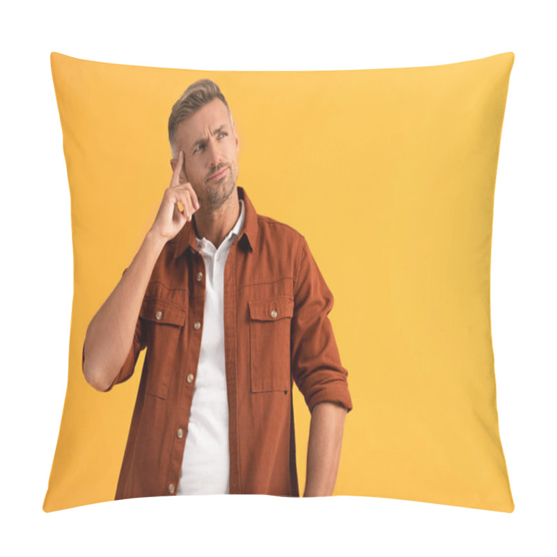 Personality  Handsome Man Touching Temple While Thinking Isolated On Orange  Pillow Covers