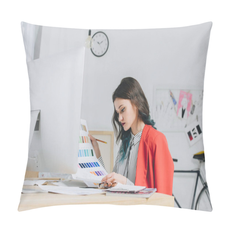 Personality  Female Designer Working With Palette By Working Table With Computer Pillow Covers