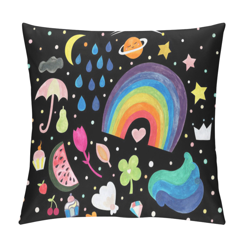 Personality  Fun Pattern In A Child's Style, With Images Of Different Elements - Rainbow, Clover, Fruits, Cakes, Pearls And Planet! Suitable For Using Children's Coloring Books, And Various Design Options For Children Pillow Covers