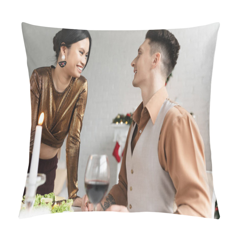 Personality  Cheerful Interracial Couple Looking At Each Other Near Festive Meal And Glasses Of Wine During Christmas  Pillow Covers