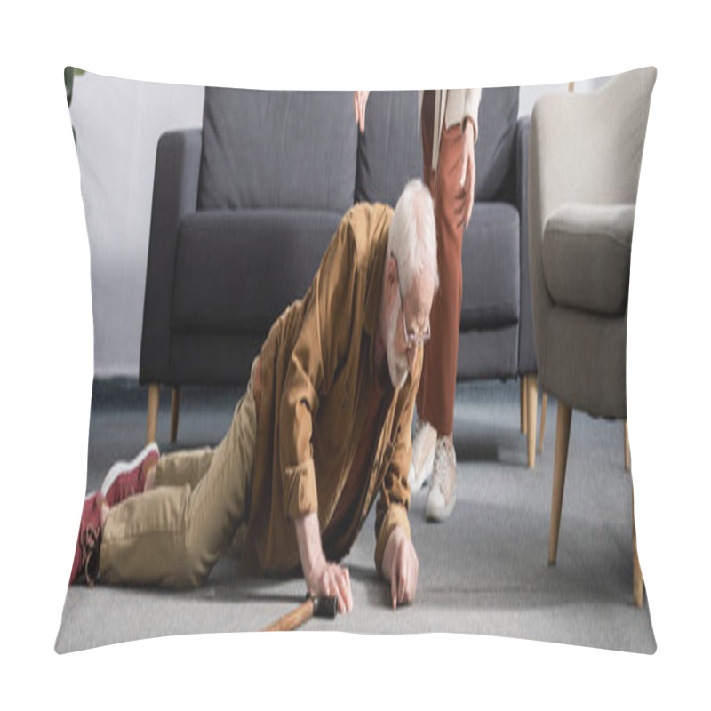 Personality  Partial View Of Woman Helping Fallen Senior Husband To Get Up From Floor, Horizontal Concept Pillow Covers