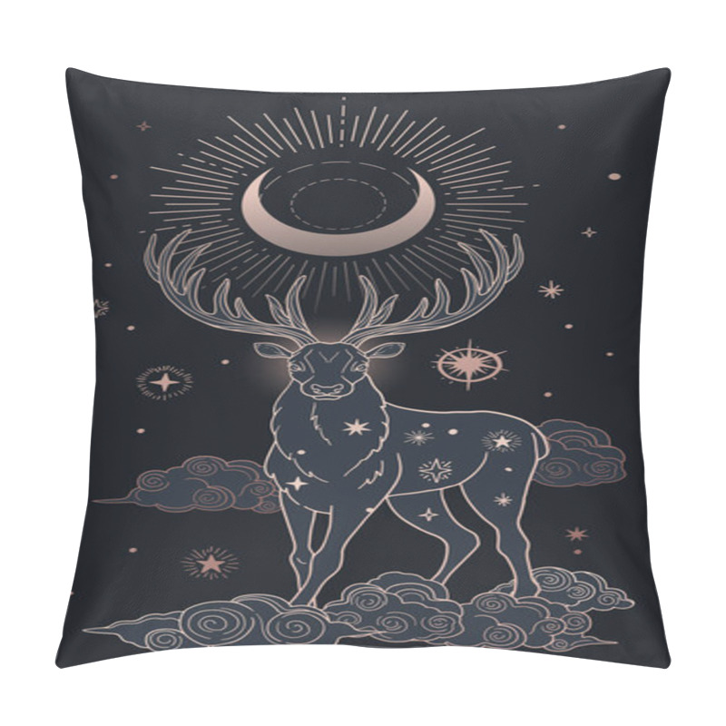 Personality   Abstract Illustration: Mystic Deer With Cosmos On Black And Gold Colours Pillow Covers