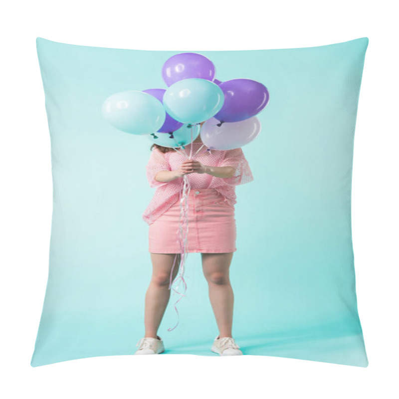 Personality  Girl In Pink Outfit Holding Balloons In Front Of Face On Turquoise Background Pillow Covers