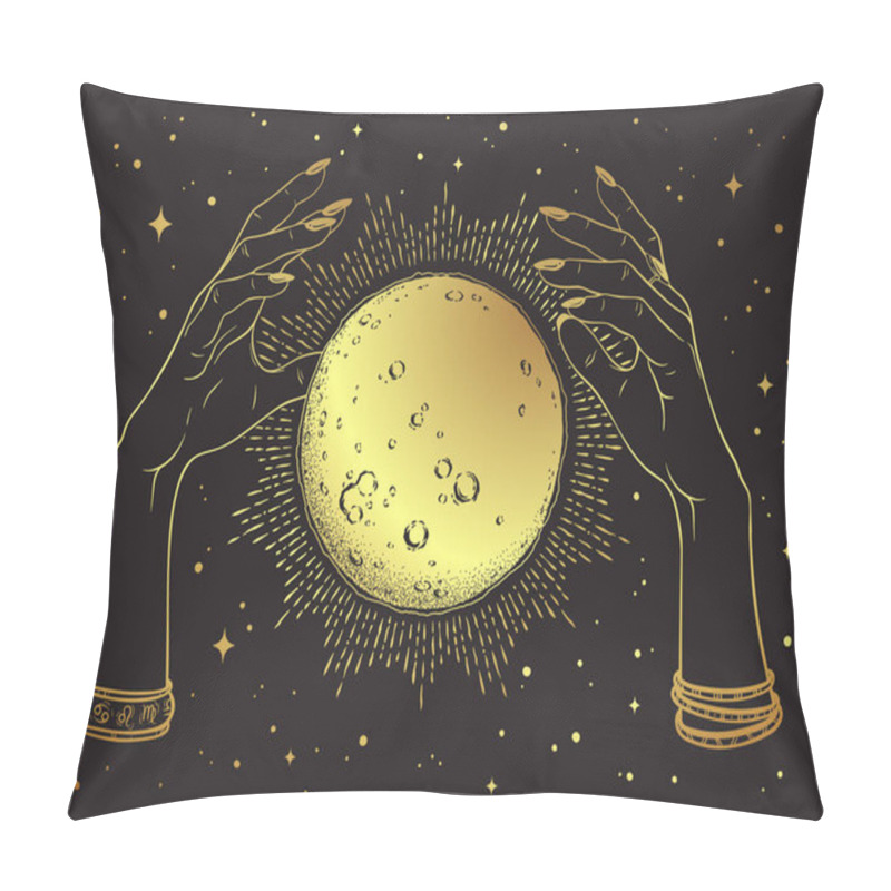 Personality  Hand Drawn Gold Full Moon With Rays Of Light In Hands Of Fortune Teller Line Art And Dot Work. Boho Chic Tattoo, Poster Or Altar Veil Print Design Vector Illustration Pillow Covers