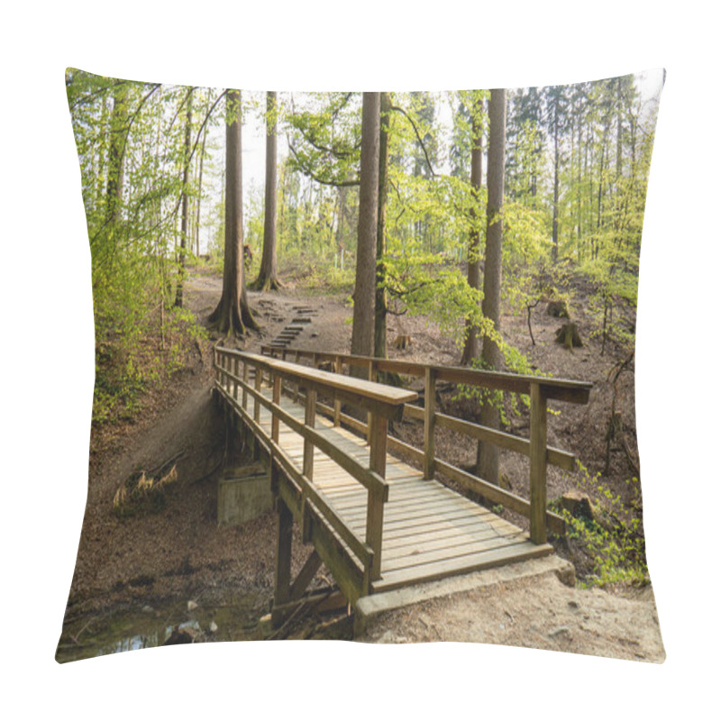 Personality  Wooden Bridge Over Water Stream In A Forest In Europe. Early Spring, Daytime, Sunny, No People, Wide Angle View. Pillow Covers