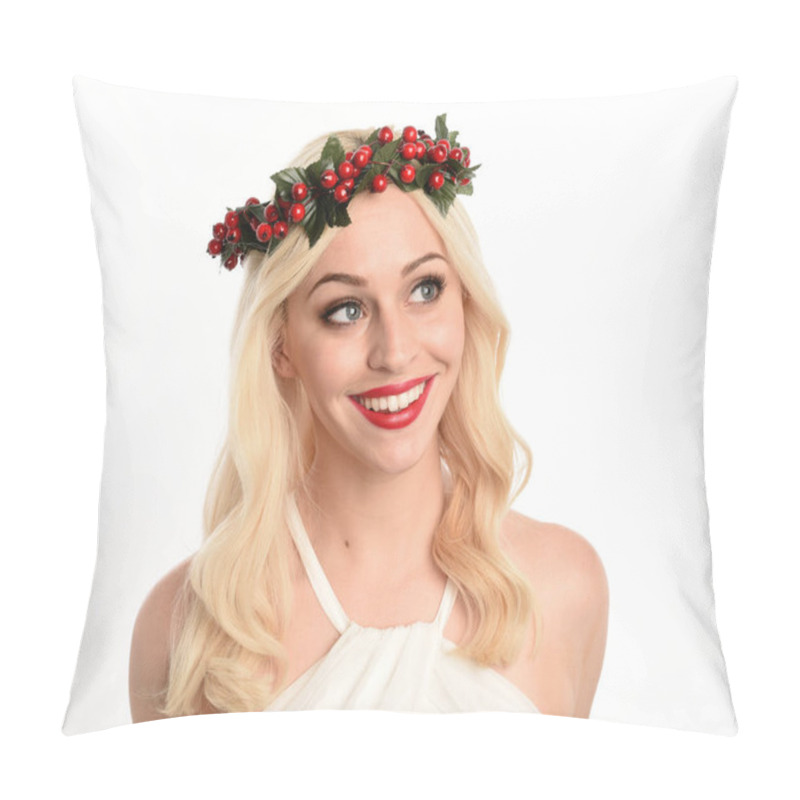 Personality  Close Up Portrait Of Beautiful Blonde Female Model Wearing Holly And Ivy Christmas  Fantasy Wreath Crown Headdress. Isolated Silhouette On White Studio Background. Pillow Covers