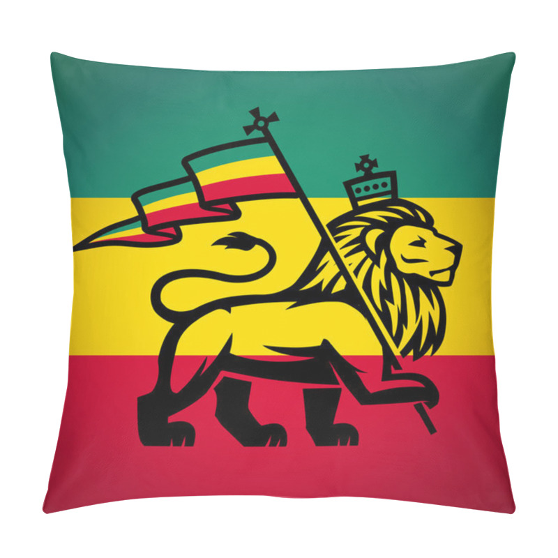 Personality  Judah Lion With A Rastafari Flag. King Of Zion Logo Illustration. Reggae Music Vector Design Pillow Covers