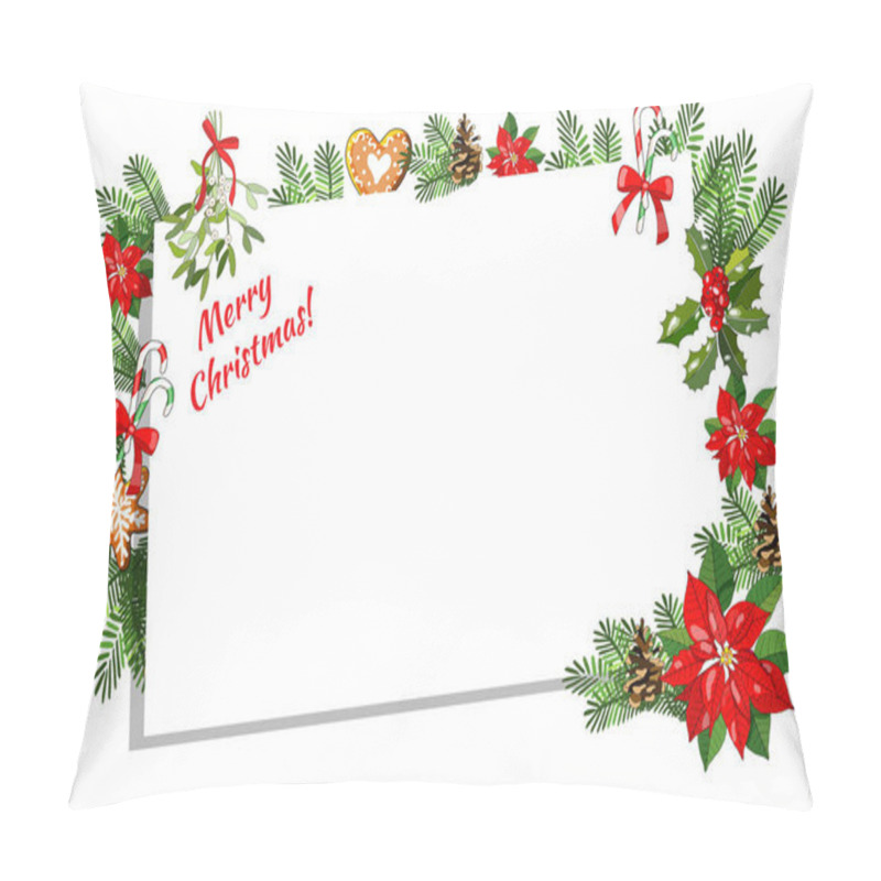 Personality  Christmas And New Year Invitation Or Greeting Card Design Of Winter Holiday Background. Vector Fir Branches, Bows, Candy Cane, Poinsettia, Stars, Snow, Snowflakes And Holly Wreath. Pillow Covers