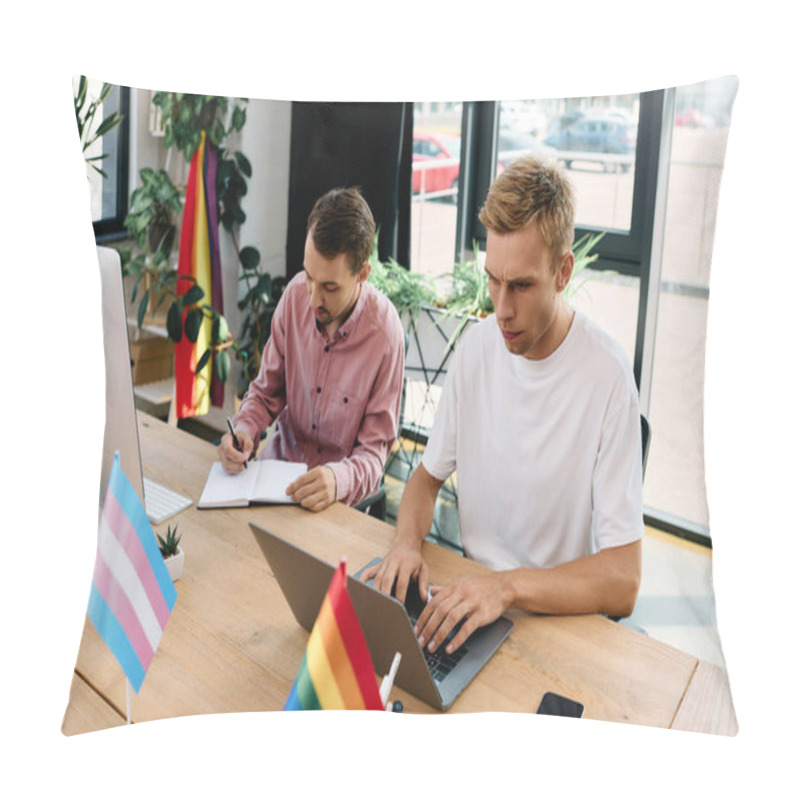 Personality  A Handsome Gay Couple Collaborates In An Inspiring Office, Showcasing Their Creative Energy. Pillow Covers