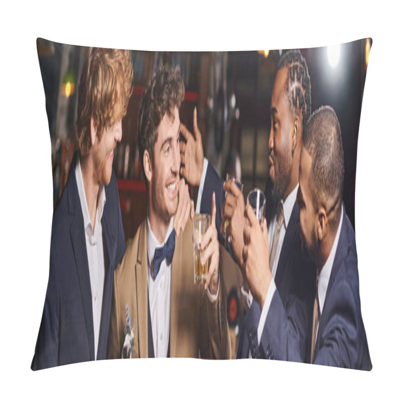 Personality  Happy Friends In Formal Wear Congratulating Groom In Bar, Interracial Men Holding Whiskey Banner Pillow Covers