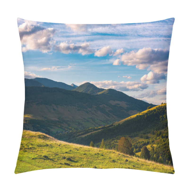 Personality  Beautiful Mountain Landscape In Afternoon. Grassy Meadow And Forested Hills Of Carpathian Mountains. Pikui Mountain In The Far Distance. Gorgeous Blue Sky With Golden Clouds Pillow Covers