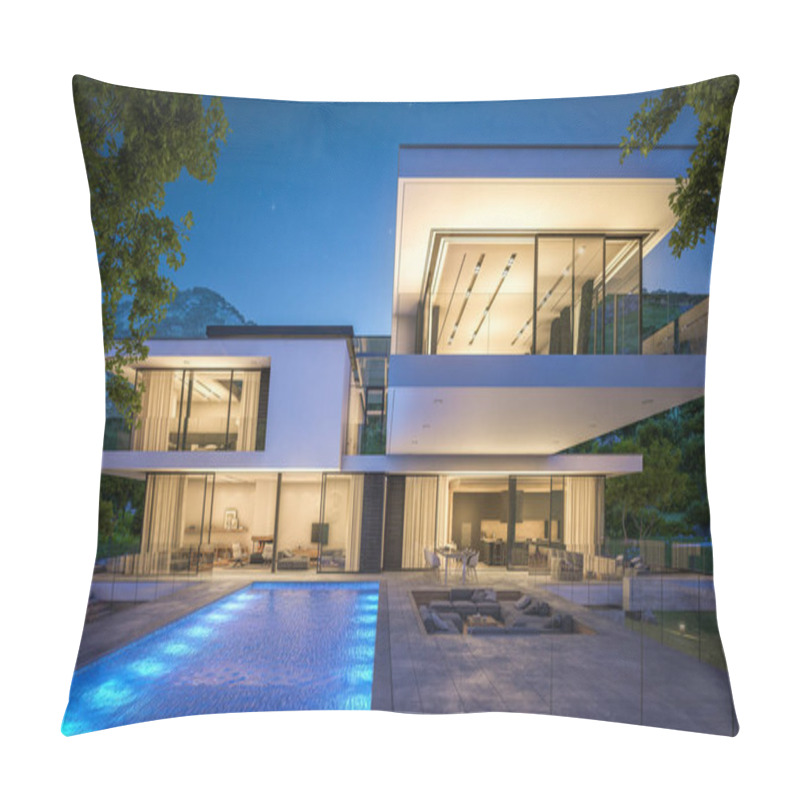 Personality  3d Rendering Of Modern House By The River At Night Pillow Covers