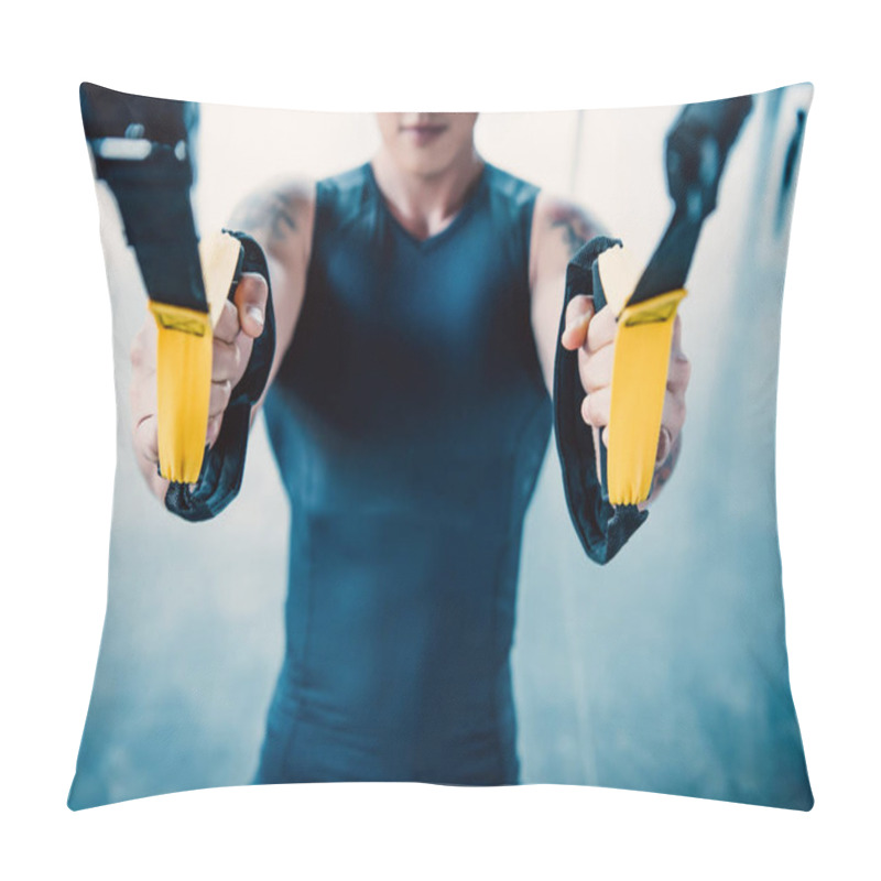 Personality  Cropped View Of Young Muscular Sportsman Training With Resistance Bands In Gym Pillow Covers