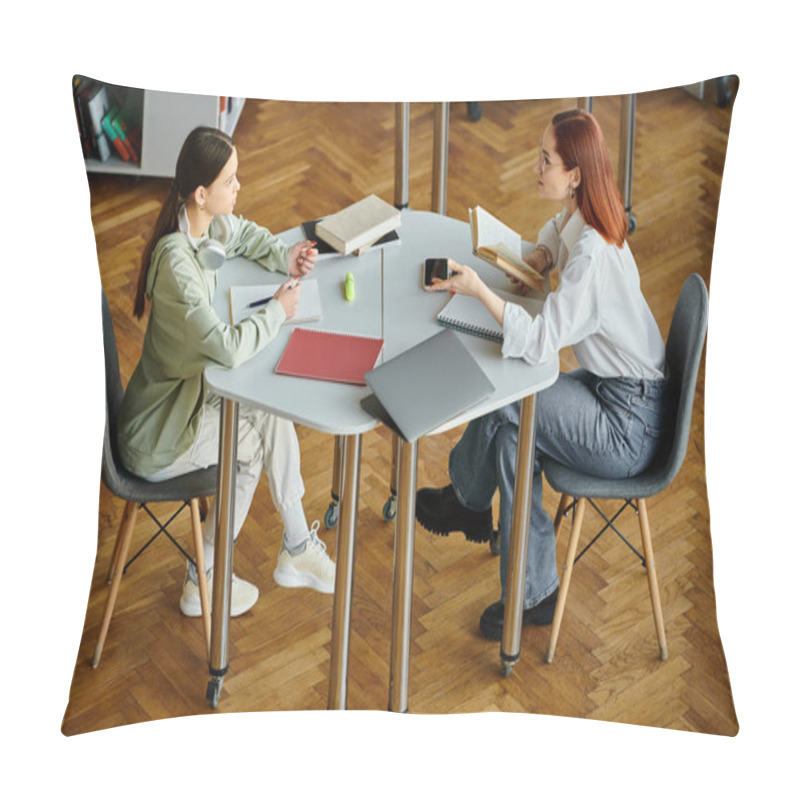 Personality  Redhead Woman Tutors A Teenage Girl At A Table In A Modern Office, Using A Laptop For After-school Lessons. Pillow Covers