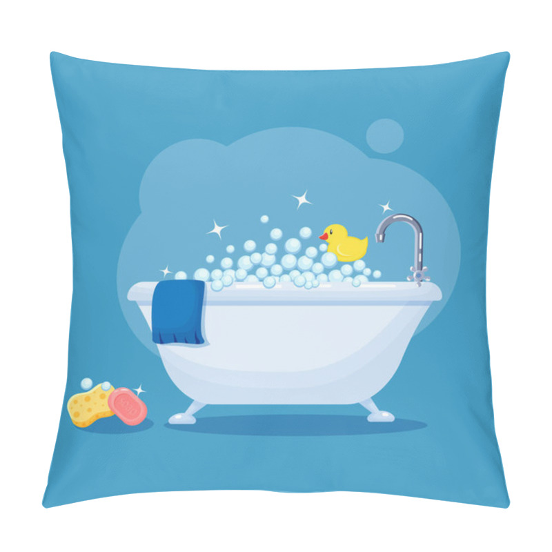 Personality  Bathtub Full Of Soap Foam Bubbles With  Blue Towel, Rubber Yellow Duck, Sponge And Bar Of Soap   In A Cartoon Flat Style Vector Illustration Isolated On Blue Backround. Pillow Covers