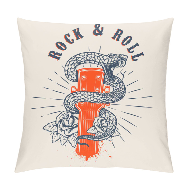 Personality  Rock And Roll .Guitar Head With Snake And Roses. Design Element For Poster, Card, Banner, Emblem, T Shirt. Vector Illustration Pillow Covers