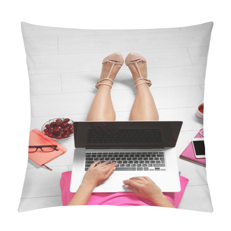 Personality  Top View Of Young Woman Sitting On Floor With Laptop Pillow Covers