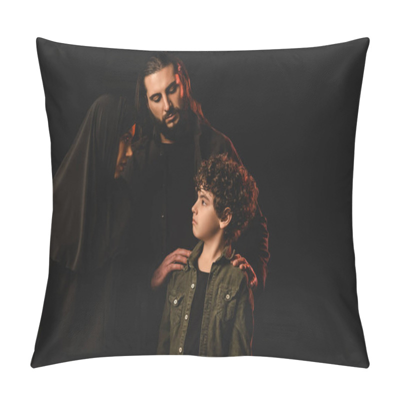 Personality  Muslim Parents Embracing Son Isolated On Black  Pillow Covers